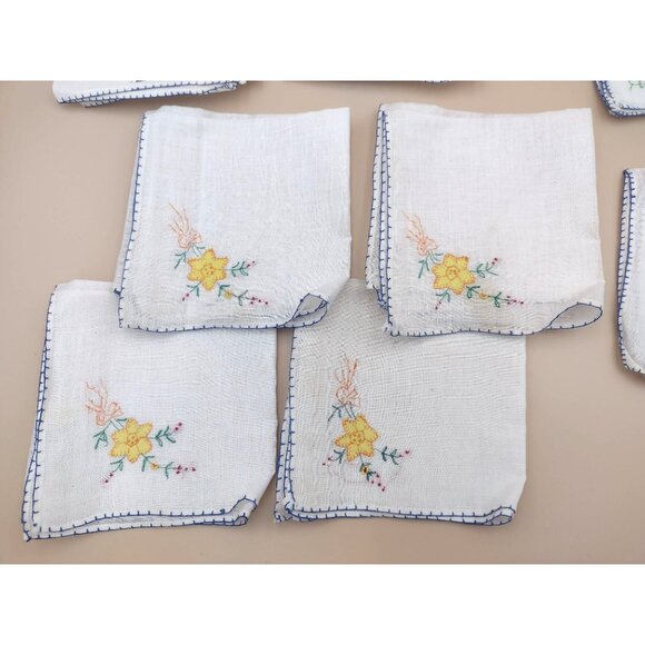 Vintage Hand-Embroidered Linen Napkins Handkerchief Floral Patterns Set Of 12 - Picture 6 of 14